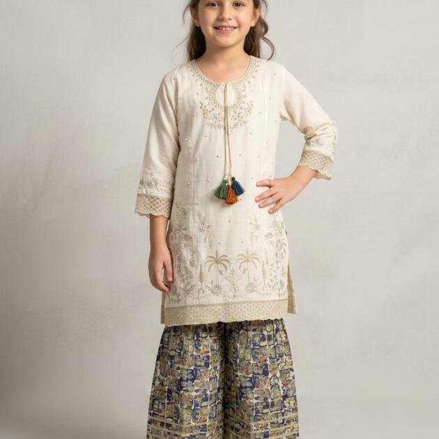 Lawn fancy embroidered shirt with printed contross plazo